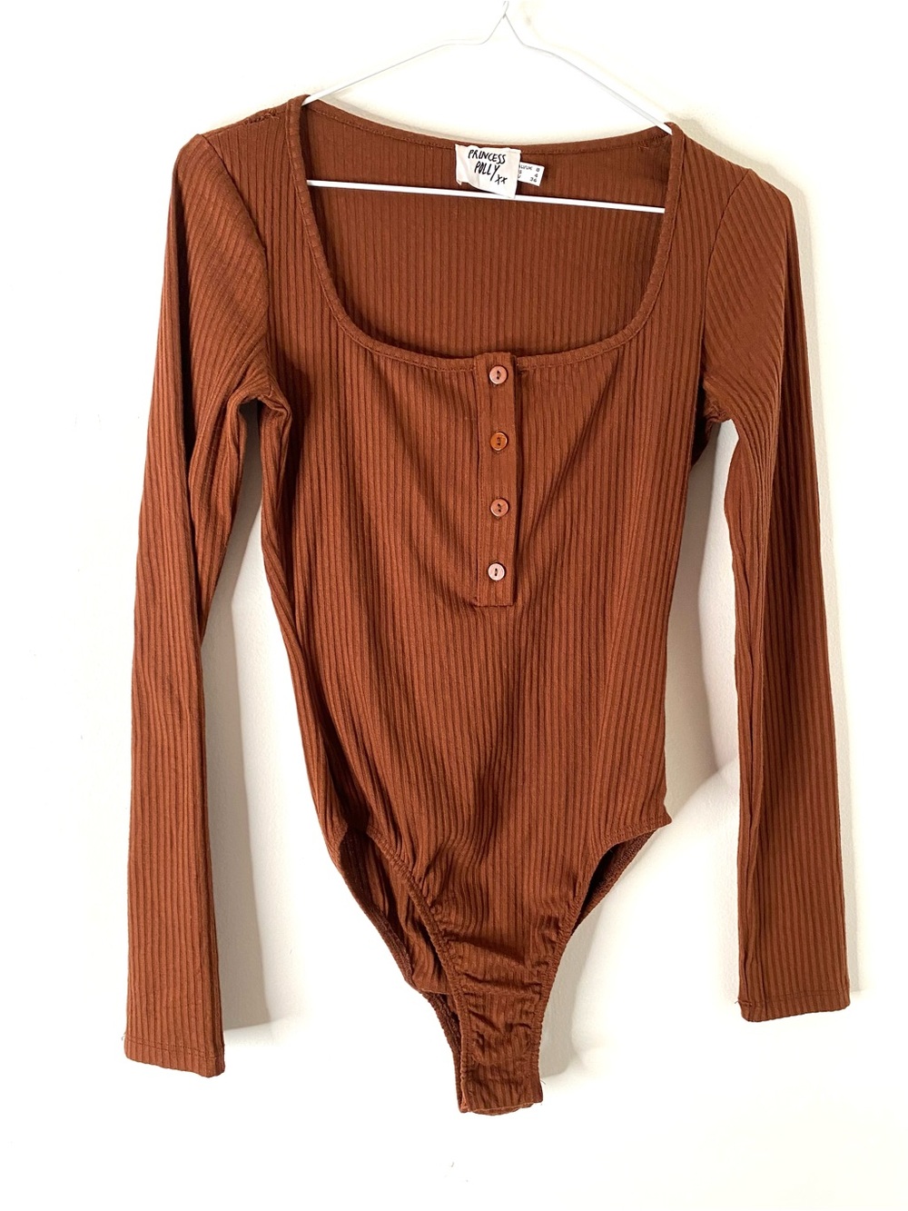 Princess Polly Brown Ribbed Long Sleeve Bodysuit Square Neck Henley Fitted